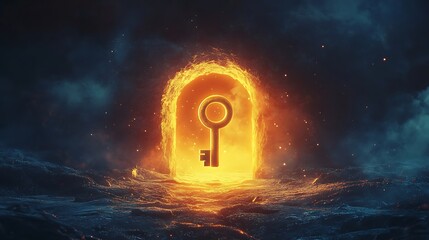 Wall Mural - Glowing horizon and a large keyhole with a floating golden key representing the unlocking of hidden opportunities