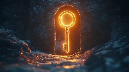 Wall Mural - A radiant golden key floating near a giant keyhole symbolizing the discovery of new opportunities beyond the visible world
