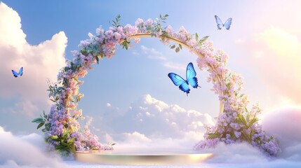 Wall Mural - Pedestal with butterflies and blue flowers Golden arches in the sky, white clouds, dreamy background