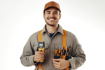 Smiling male electrician holding tools and meter, ready for work