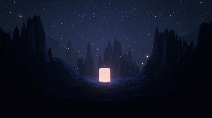 Wall Mural - a cube is lit up in the dark, surrounded by mountains