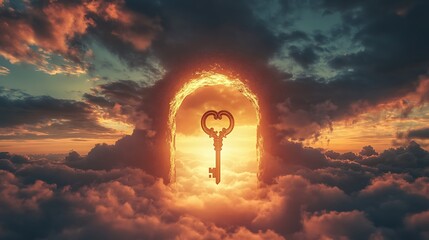 Wall Mural - A glowing sky with a golden key floating near a giant keyhole symbolizing the unveiling of unexplored opportunities