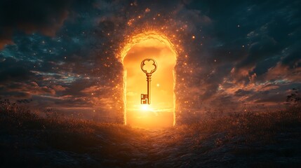 Wall Mural - A glowing sky with a golden key floating near a giant keyhole symbolizing the unveiling of unexplored opportunities