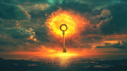 Wall Mural - Glowing horizon with a floating golden key near a gigantic keyhole representing the path to unseen possibilities