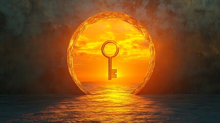 Wall Mural - Glowing horizon with a floating golden key near a gigantic keyhole representing the path to unseen possibilities