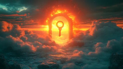 Wall Mural - A glowing horizon and a giant keyhole with a floating golden key representing new opportunities and discoveries