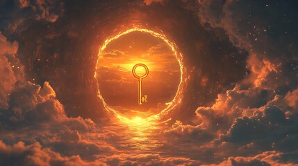Wall Mural - Radiant golden key floating near a giant keyhole embedded in the glowing sky symbolizing new paths beyond the visible world