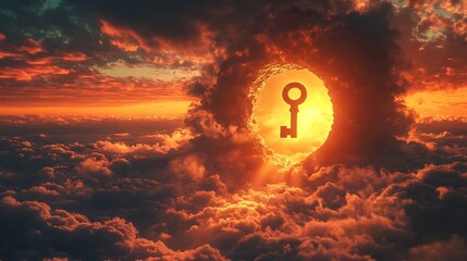 Wall Mural - Radiant golden key floating near a giant keyhole embedded in the glowing sky symbolizing new paths beyond the visible world
