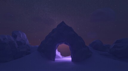 Wall Mural - a cave with a glowing entrance in the middle of a snowy landscape