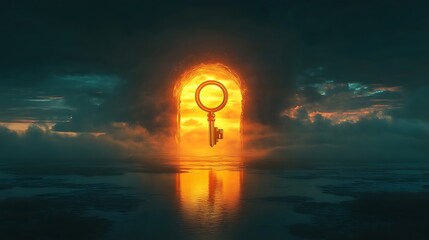 Wall Mural - Glowing sky with a gigantic keyhole and a floating golden key symbolizing the discovery of new opportunities