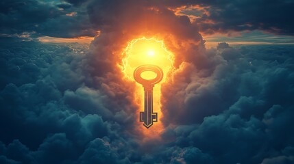 Wall Mural - Glowing sky with a gigantic keyhole and a floating golden key symbolizing the discovery of new opportunities