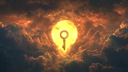 Wall Mural - Glowing sky with a gigantic keyhole and a floating golden key symbolizing the discovery of new opportunities