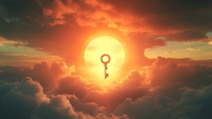 Wall Mural - Glowing sky with a gigantic keyhole and a floating golden key symbolizing the discovery of new opportunities