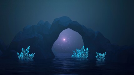 Wall Mural - a blue and purple cave with a light shining through it