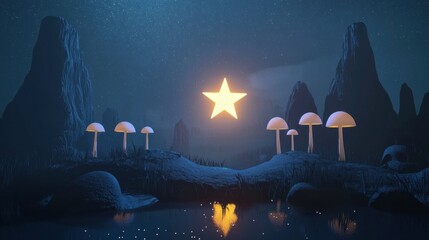 Wall Mural - a star is lit up in the night sky above a field of mushrooms