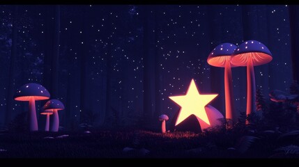 Wall Mural - a star is lit up in a forest with mushrooms surrounding it