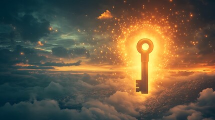 Wall Mural - A glowing horizon with a large keyhole and a floating golden key nearby symbolizing new doors to explore beyond sight