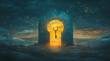 Wall Mural - Glowing horizon with a gigantic keyhole and a floating golden key symbolizing the discovery of new horizons and untapped potential