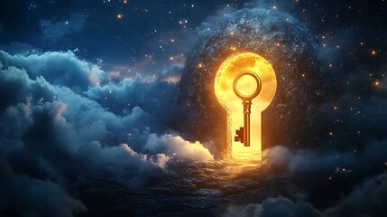 Wall Mural - Glowing horizon with a gigantic keyhole and a floating golden key symbolizing the discovery of new horizons and untapped potential