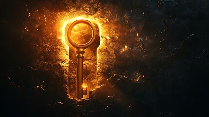 Wall Mural - Radiant golden key floating near a large keyhole symbolizing the discovery of new opportunities beyond the visible world