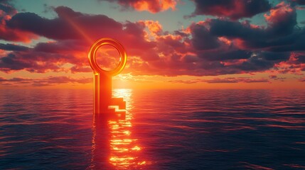 Wall Mural - Glowing horizon with a gigantic keyhole and a golden key floating symbolizing the unlocking of unseen opportunities