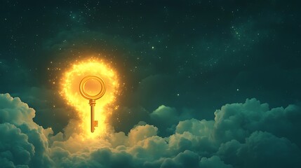 Wall Mural - A glowing sky with a floating golden key near a giant keyhole symbolizing new worlds and possibilities to explore