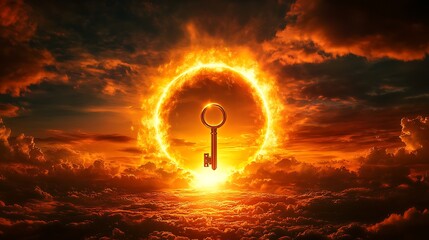 Wall Mural - Glowing horizon with a gigantic keyhole and a radiant golden key representing the unlocking of new paths beyond the visible world