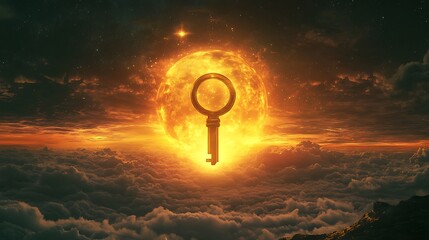 Wall Mural - Glowing horizon with a gigantic keyhole and a radiant golden key representing the unlocking of new paths beyond the visible world