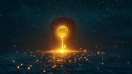 Wall Mural - Glowing horizon with a floating golden key near a keyhole symbolizing the unveiling of untapped opportunities