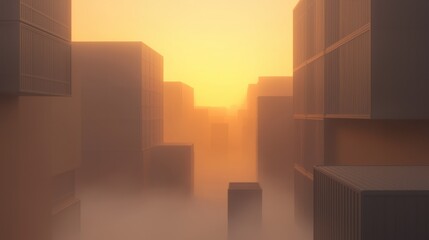 Wall Mural - a cityscape with a foggy atmosphere and a sun setting in the background