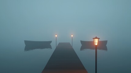 Wall Mural - a foggy night with two boats on a dock and two lights on the pier