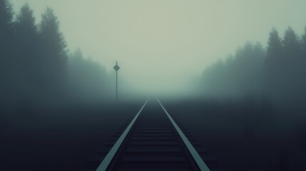 Wall Mural - a foggy, dark forest with a railroad track in the middle