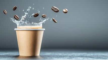 Cup of coffee with coffee beans floating in the air. The cup is made of paper and the coffee beans are scattered around the cup. Concept of motion and energy