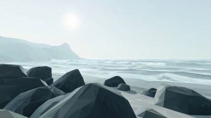 Wall Mural - a rocky beach with a large rock in the foreground