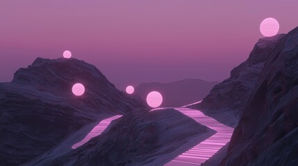 Wall Mural - a mountain range with a pink glow and a path of glowing balls