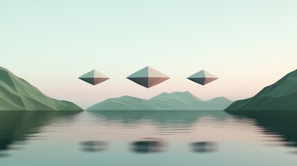 Wall Mural - three alien shaped objects are flying over a calm lake