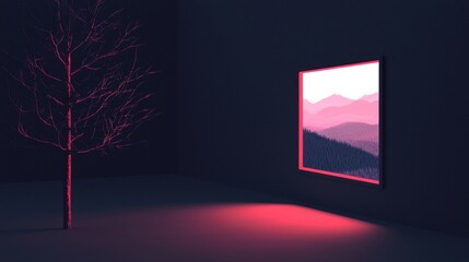 Wall Mural - a window with a view of mountains and a tree in the foreground