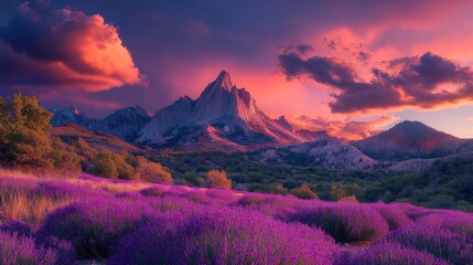 Wall Mural - A tranquil sunset casting hues over a vibrant lavender field and majestic mountains