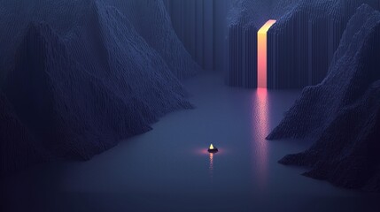 Wall Mural - a boat is floating in a lake with a lava tube in the background