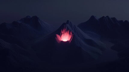 Wall Mural - a mountain range with a red glowing volcano in the middle