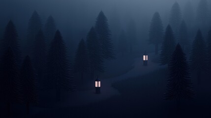 Wall Mural - a forest at night with two lanterns on a path