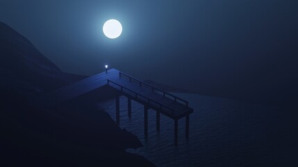 Wall Mural - a dark night with a full moon and a pier in the foreground