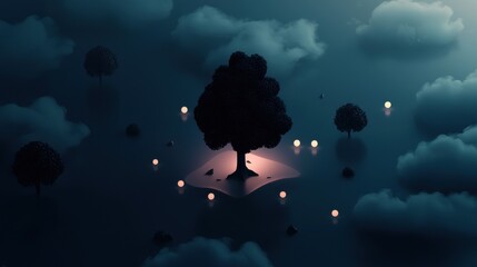 Wall Mural - a tree is lit up in the dark sky