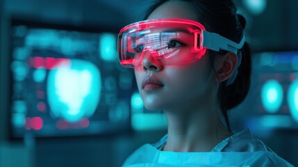 Healthcare Technology Telehealth Telemedicine concept. Diverse patient using a glowing telemedicine device for virtual medical consultation