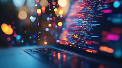 Laptop coding night city bokeh background