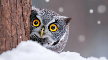 Small owl with yellow eyes is peeking out from behind a tree trunk. The image has a calm and peaceful mood, as the owl is not in a dangerous or threatening situation