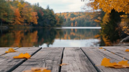 Wall Mural - Autumn Serenity: Lakeside Dock with Fallen Leaves