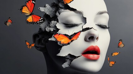 Wall Mural - woman's face is covered in butterflies, with some of them flying around her mouth. the image is a cr