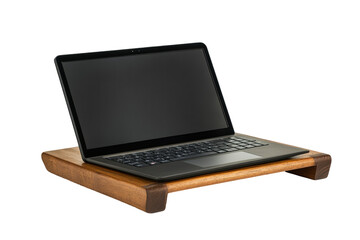 Wall Mural - Isolated Black Laptop on Dark Wood Stand