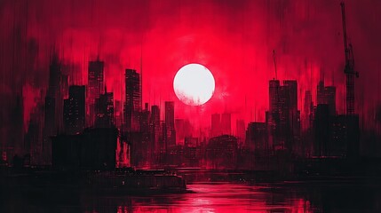 Wall Mural - Crimson Cityscape Silhouette Underneath a Red Sun